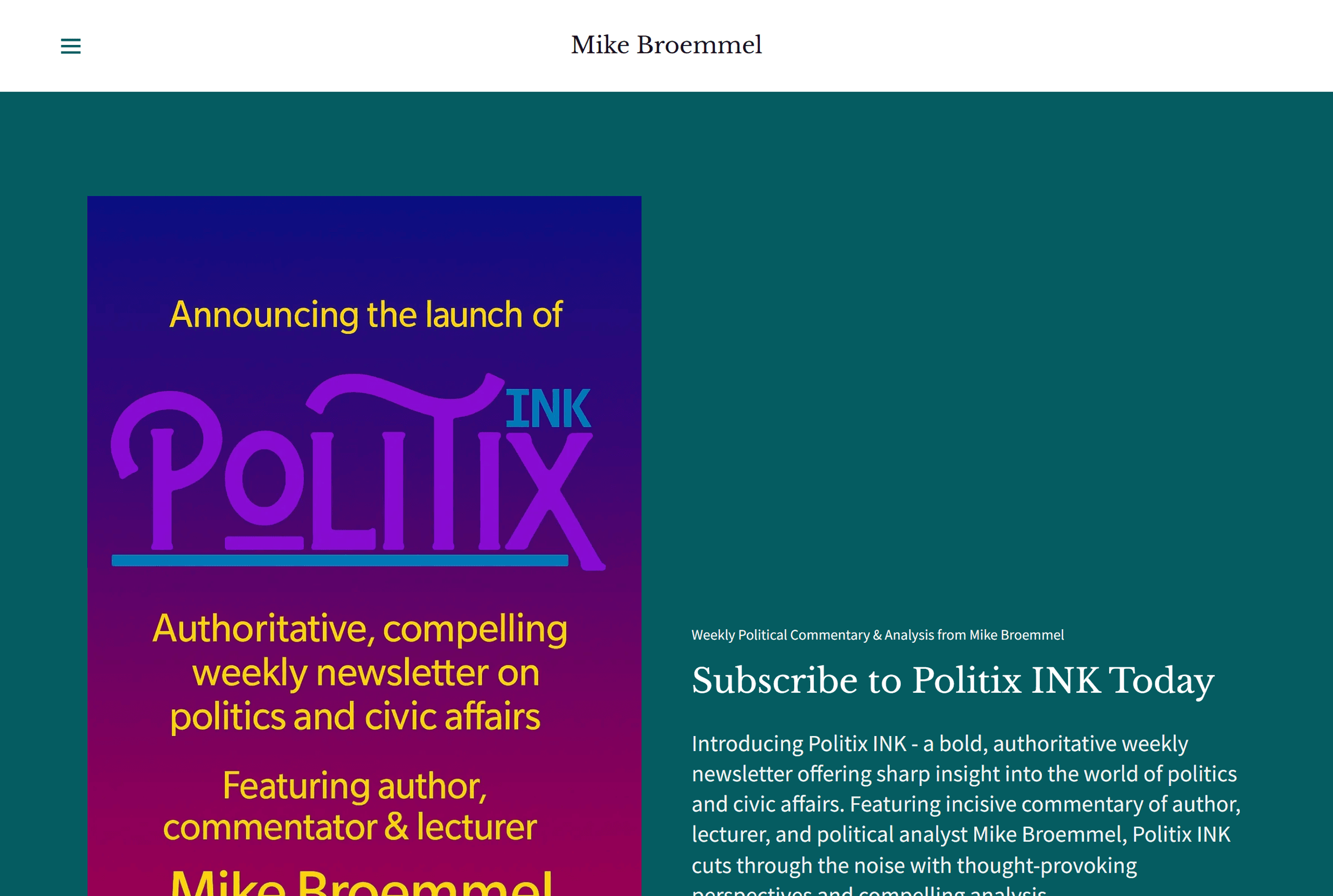The Politix INK newsletter sign-up page on mikebroemmel.com.