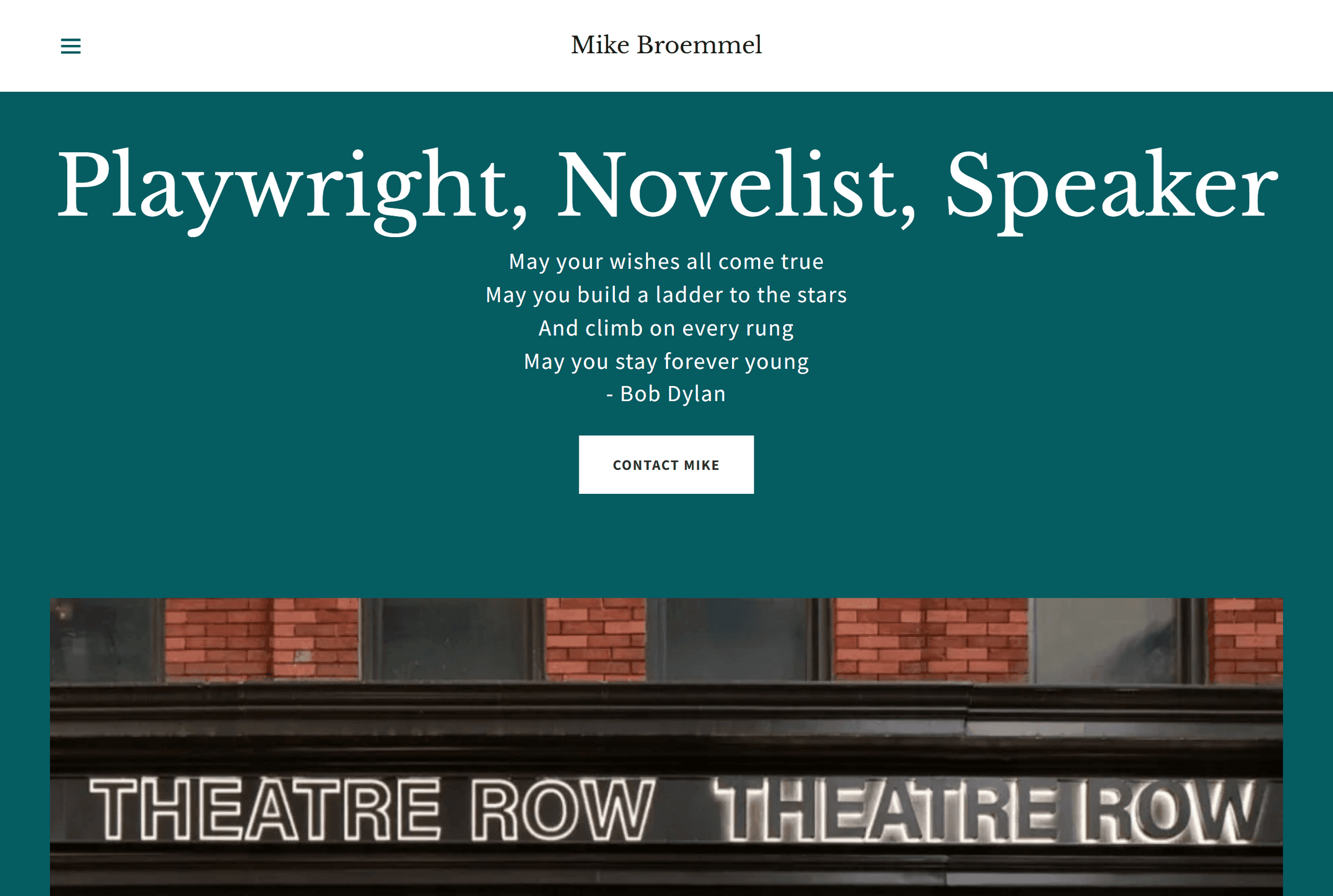 Mike Broemmel's website, mikebroemmel.com, headed "Playwright, Novelist, Speaker."