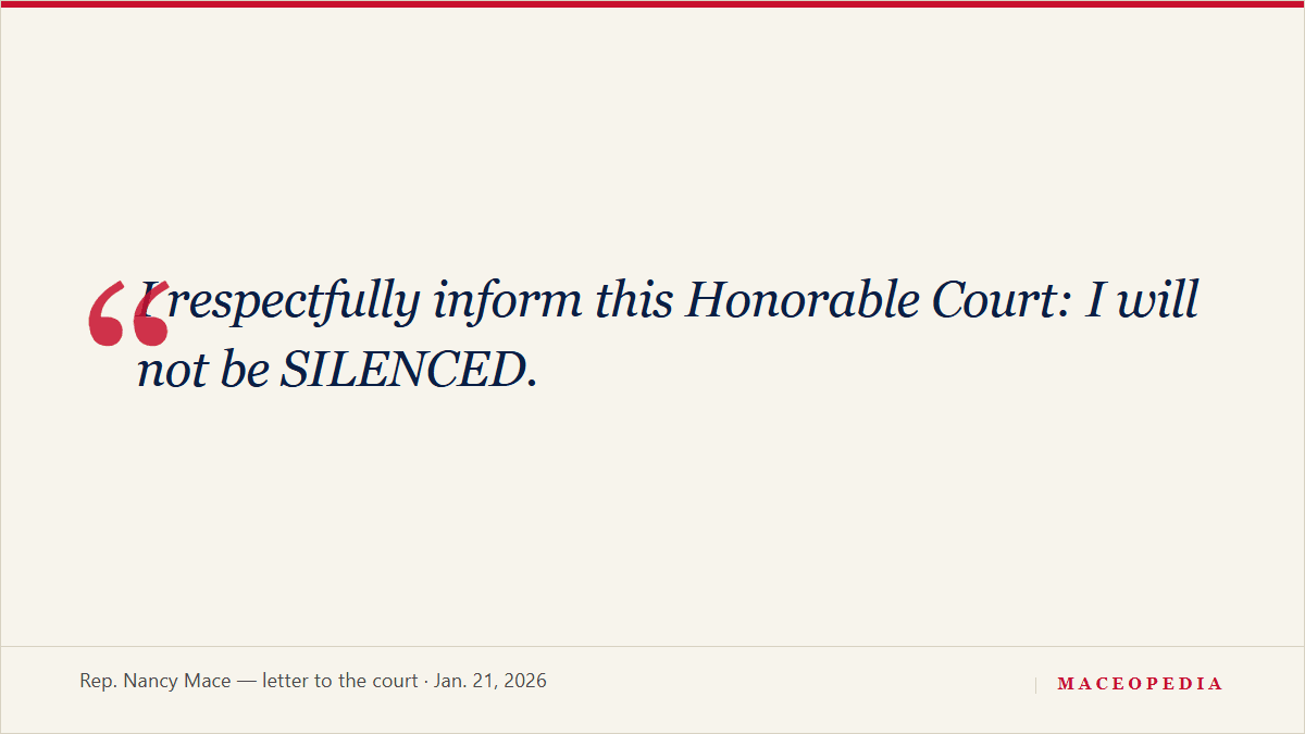 In a letter to the judge overseeing her gag order, Mace calls the court a 'Kangaroo Court' and moves the contempt matter to federal court: 'I will not be SILENCED.': image 2