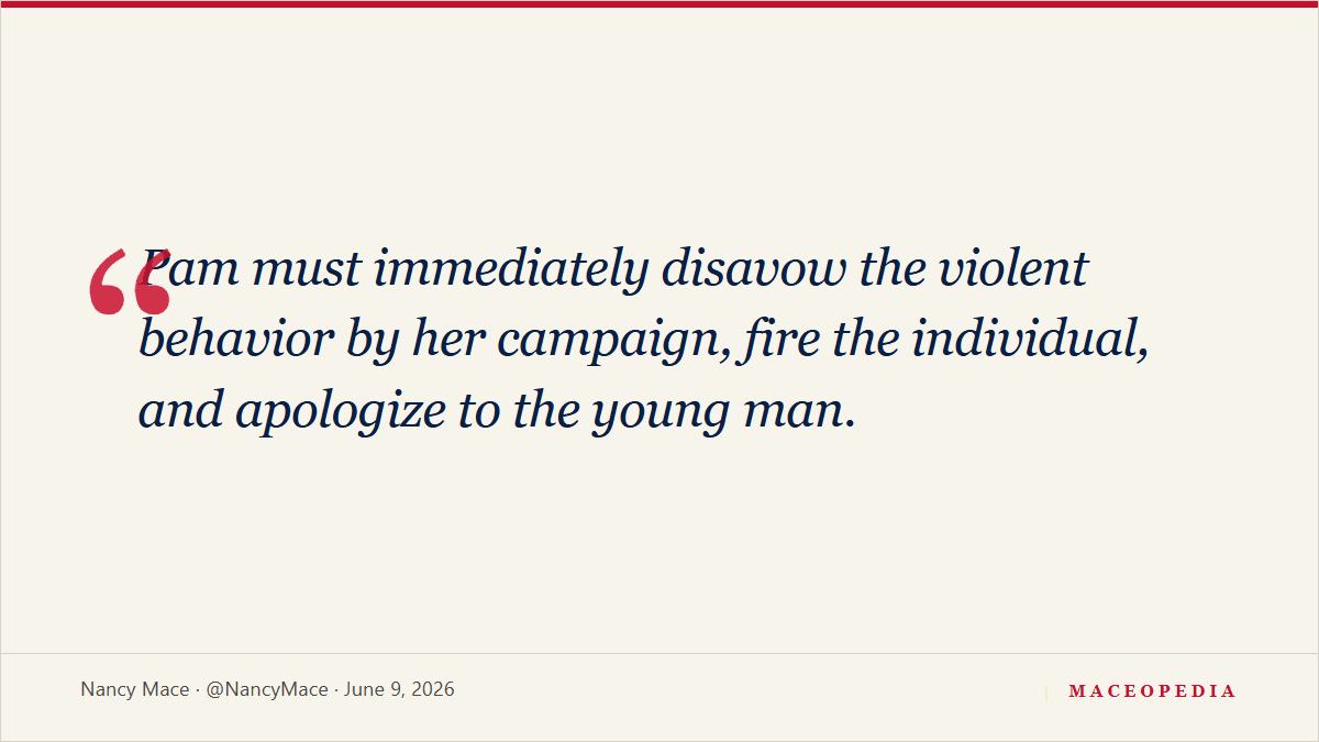 On primary morning, Mace recast a volunteer's megaphone grab as a 'physical assault' by Pamela Evette's 'employees': image 4