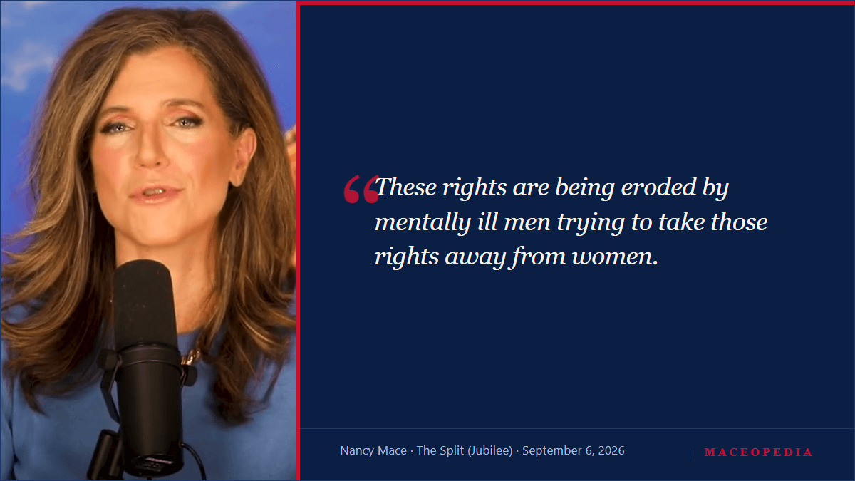 Branded Maceopedia quote card: "These rights are being eroded by mentally ill men trying to take those rights away from women." Nancy Mace, "The Split" (Jubilee Media), September 6, 2026