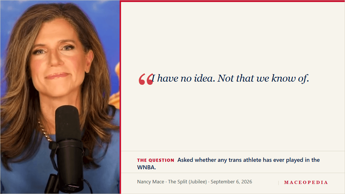 Branded Maceopedia quote card: "I have no idea. Not that we know of." Nancy Mace, "The Split" (Jubilee Media), September 6, 2026