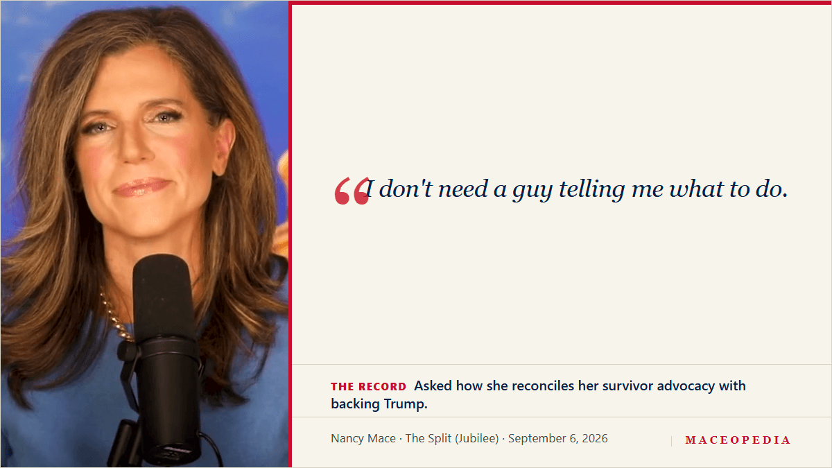 Branded Maceopedia quote card: "I don't need a guy telling me what to do." Nancy Mace, "The Split" (Jubilee Media), September 6, 2026
