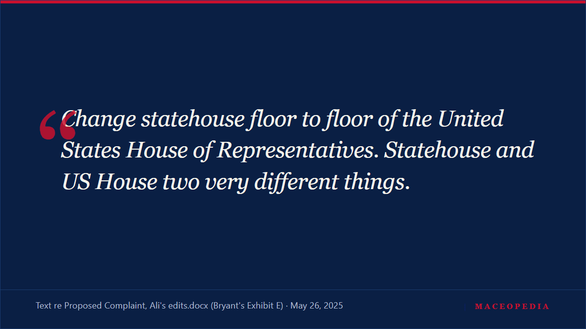 Text messages show draft complaint revised line by line, with edits including: 'change statehouse floor to floor of the United States House of Representatives': image 1