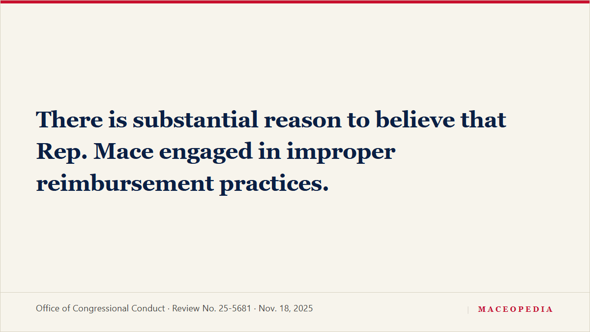 Quote card: the Office of Congressional Conduct's finding of substantial reason to believe Rep. Mace engaged in improper reimbursement practices