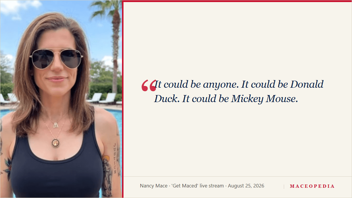 Branded quote card: 'It could be anyone. It could be Donald Duck. It could be Mickey Mouse.'