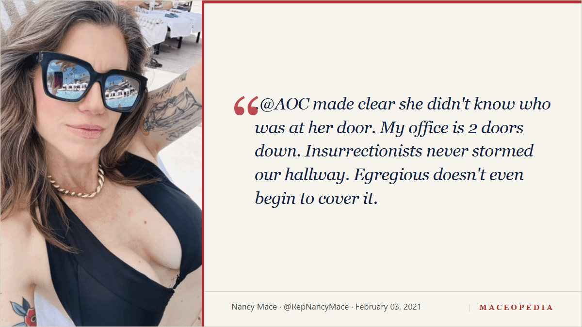 Mace tweets 'Insurrectionists never stormed our hallway' to undercut AOC's Capitol trauma account: image 1