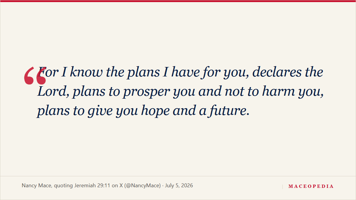 "Plans to give you hope and a future": Mace posts a Sunday scripture verse, and the reply thread answers back: image 1
