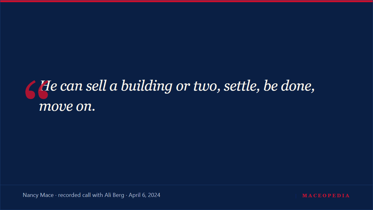On her first recorded call with Ali Berg, Mace lays out a civil suit against Patrick Bryant: 'He can sell a building or two, settle, be done' and accusers 'can get 150 K each': image 1