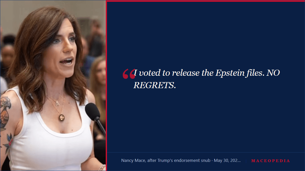 Nancy Mace on X, May 30, 2026: I voted to release the Epstein files. NO REGRETS.