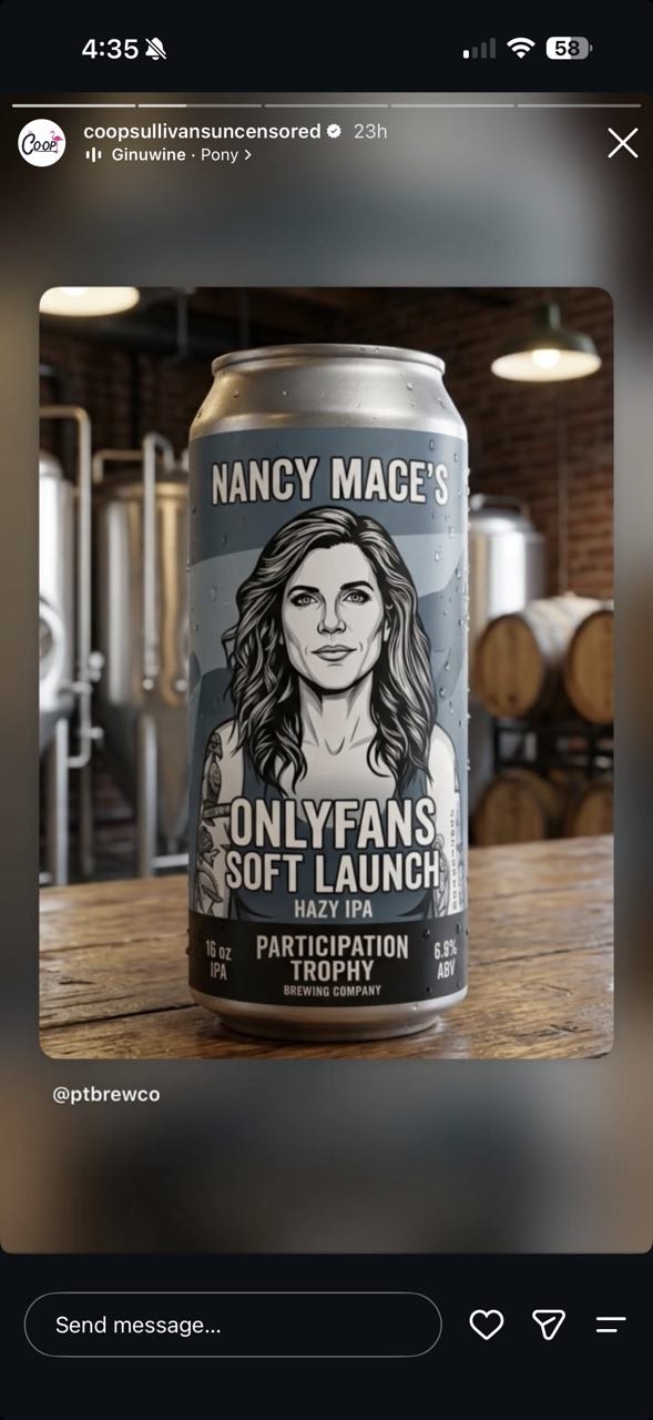 The Co-Op (uncensored) Instagram story sharing the parody 'Nancy Mace's OnlyFans Soft Launch' Participation Trophy Brewing beer can, credited @ptbrewco.