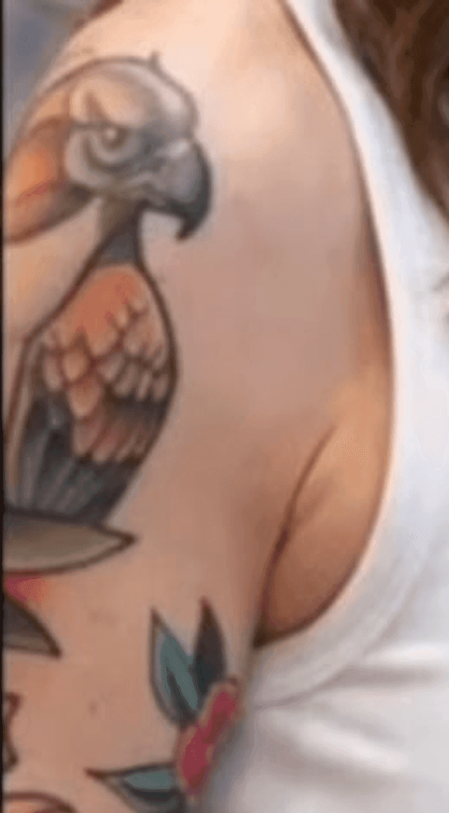 Close-up detail of the tank-top frame: a neo-traditional bird tattoo in orange and grey on the upper arm, with a red-and-green rose and leaves below the shoulder.