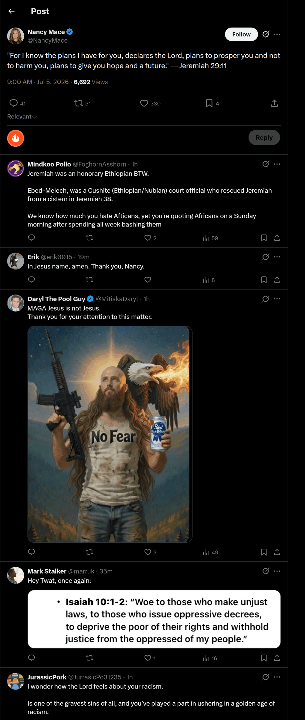 "Plans to give you hope and a future": Mace posts a Sunday scripture verse, and the reply thread answers back: image 2