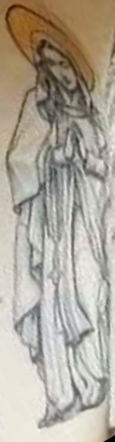 Close-up of the tattoo on Nancy Mace's left arm: a robed saint or Madonna figure with her hands clasped in prayer, a large gold halo behind her head, and long fine-line robes draping down the arm.
