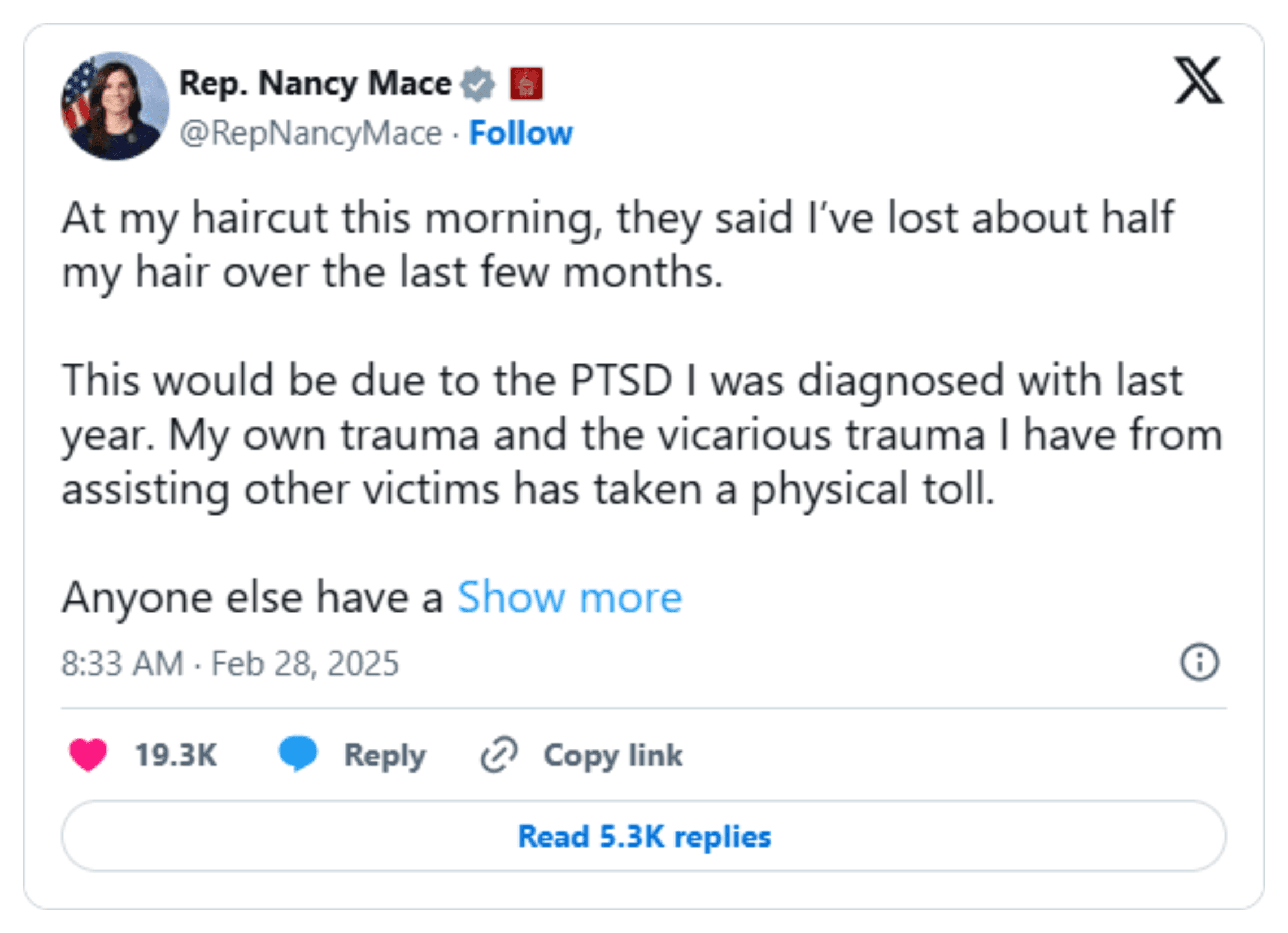 'Advice, tips, hacks?': Mace's 'week 4' carnivore post is the newest chapter in two years of public posts about her weight, her hair, and PTSD: image 3