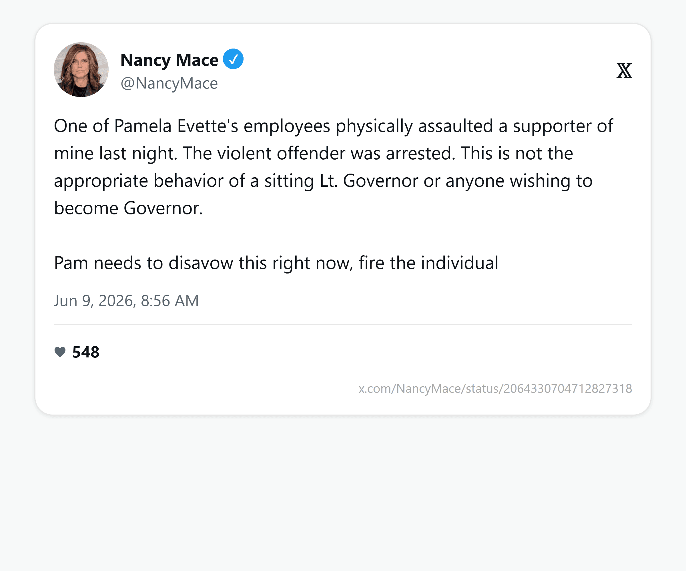 On primary morning, Mace recast a volunteer's megaphone grab as a 'physical assault' by Pamela Evette's 'employees': image 5
