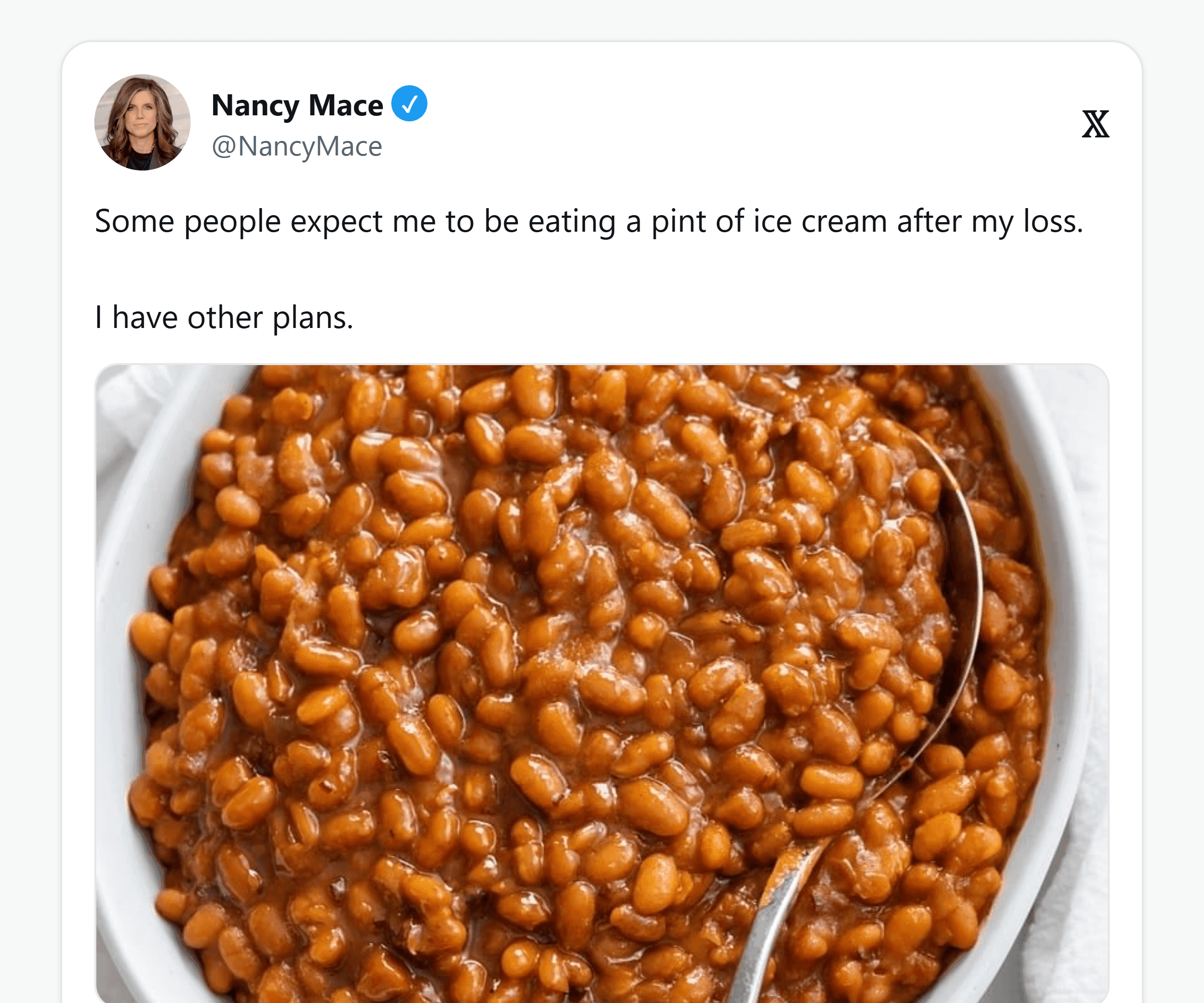 Mace's June 10 post: "Some people expect me to be eating a pint of ice cream after my loss. I have other plans," over a photo of a bowl of beans.