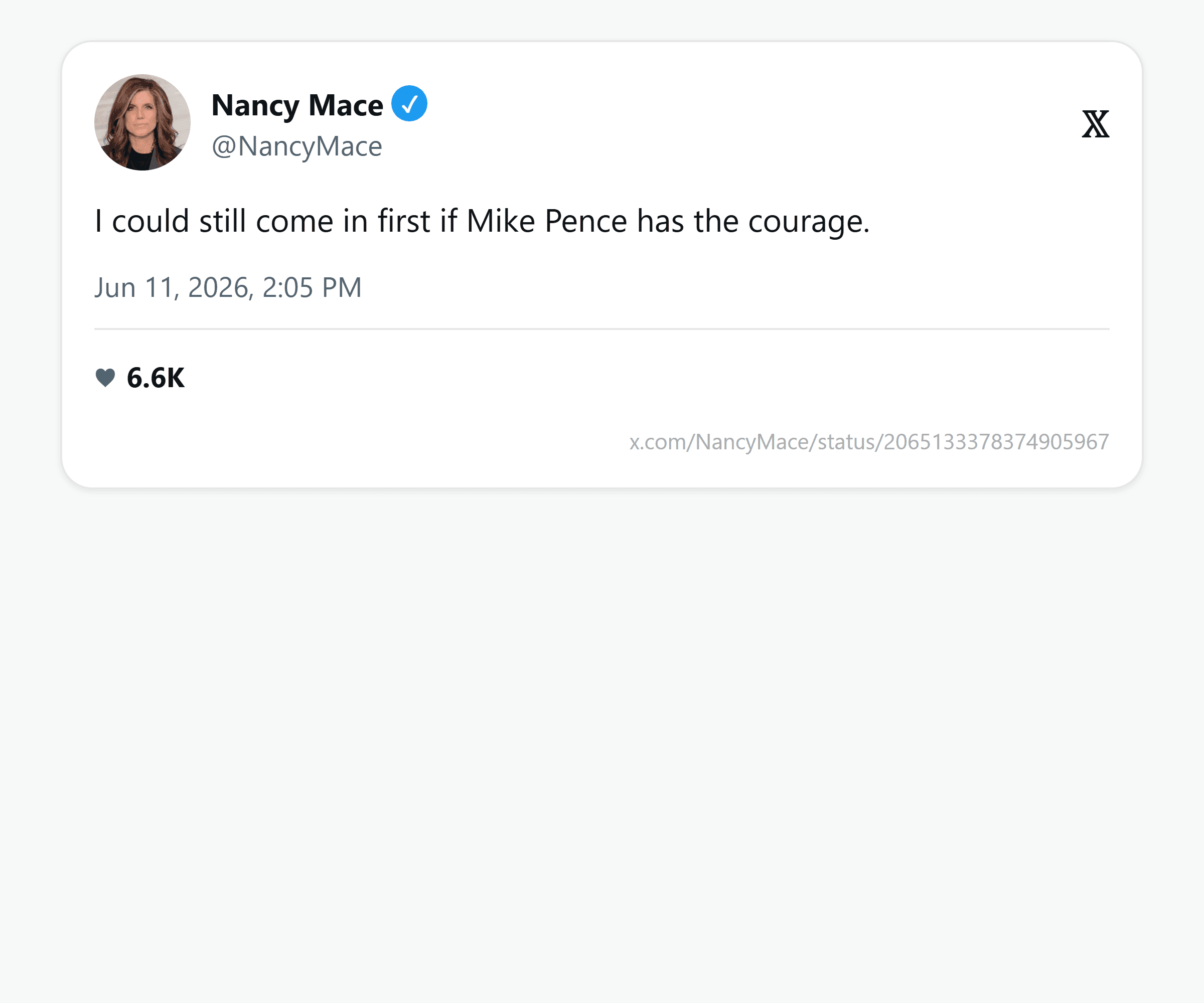 Mace's June 11 post: "I could still come in first if Mike Pence has the courage."