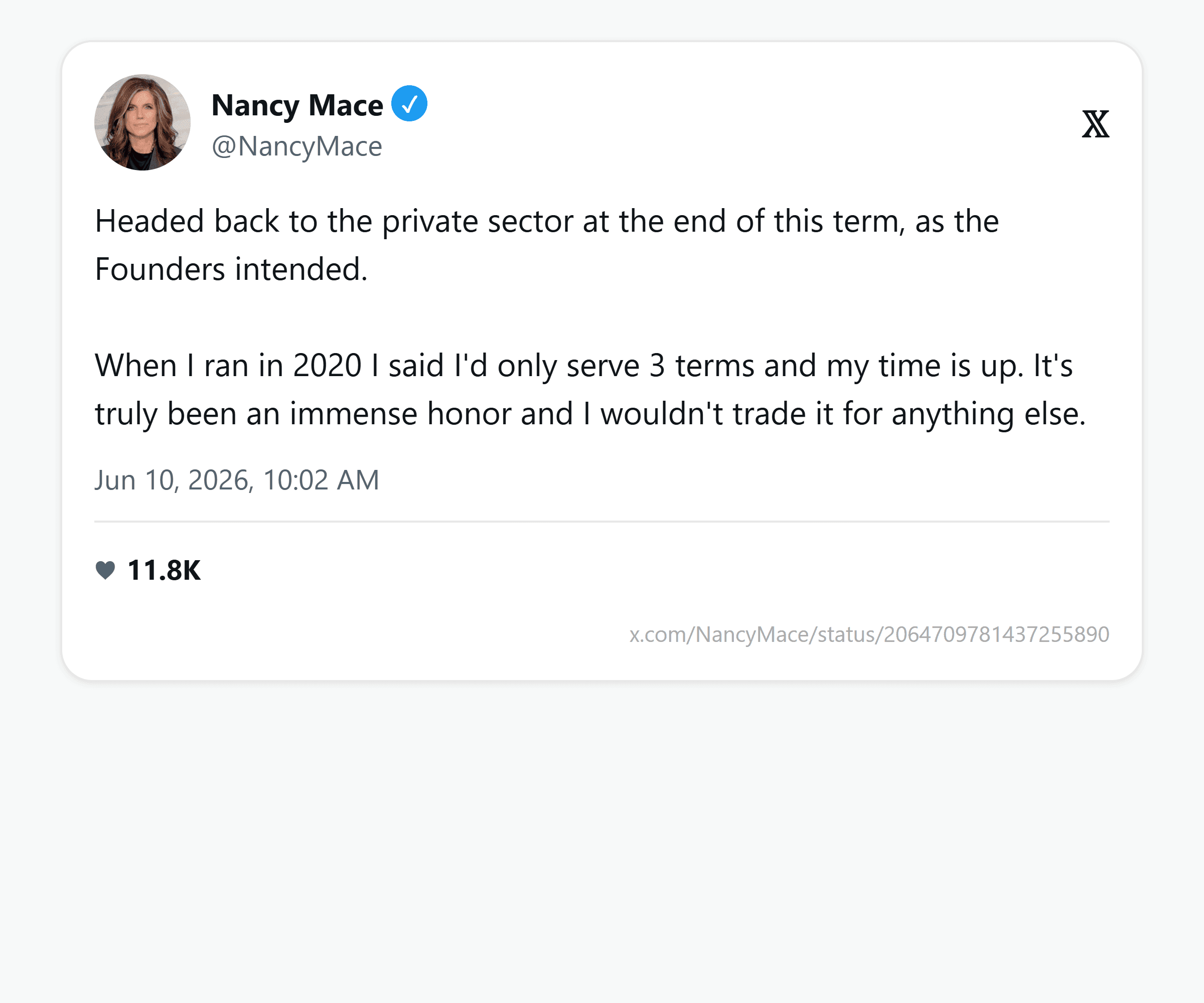 Mace's June 10 post: "Headed back to the private sector at the end of this term, as the Founders intended. When I ran in 2020 I said I'd only serve 3 terms and my time is up. It's truly been an immense honor and I wouldn't trade it for anything else."