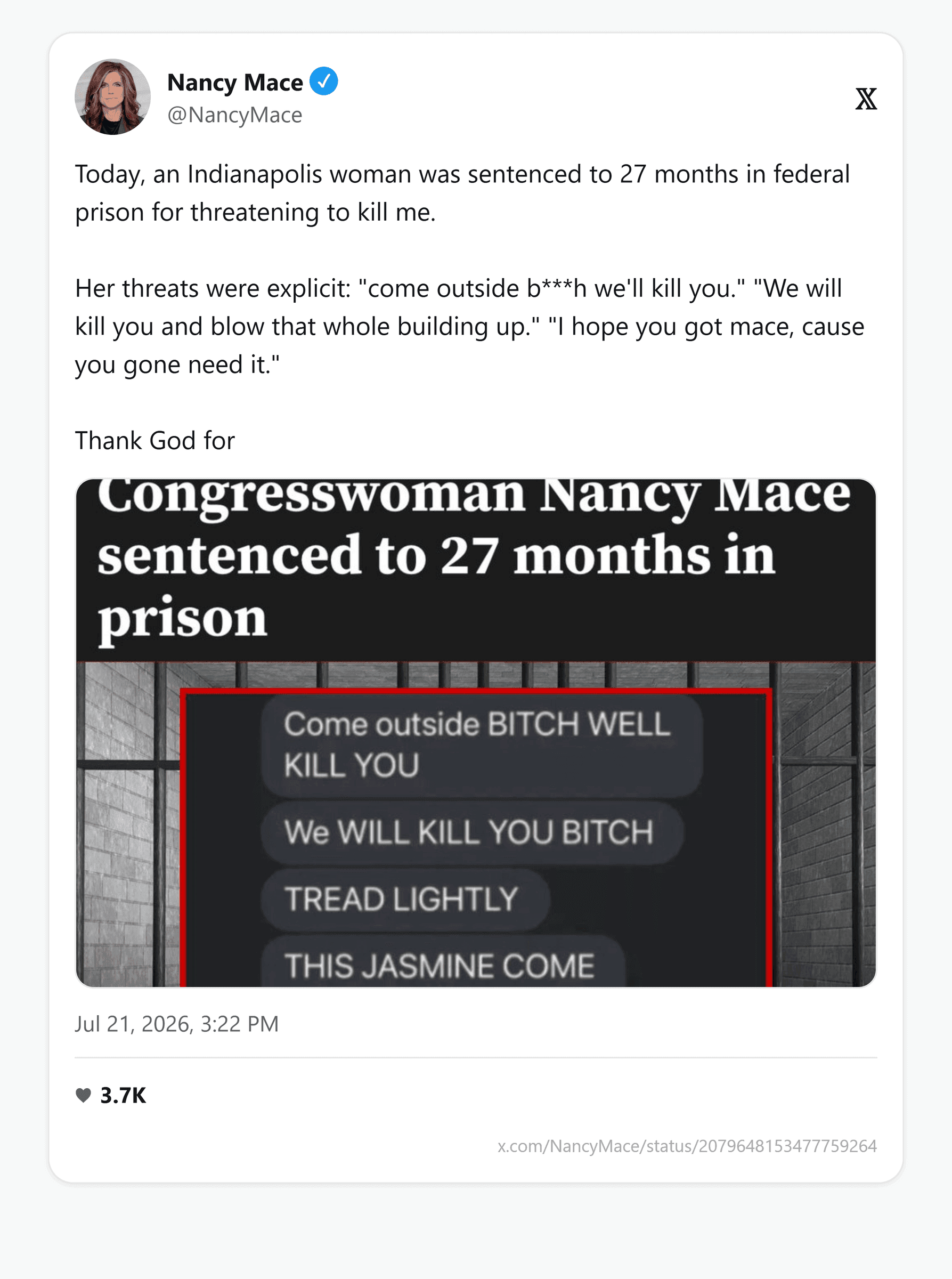Mace's X post on the Addison sentence
