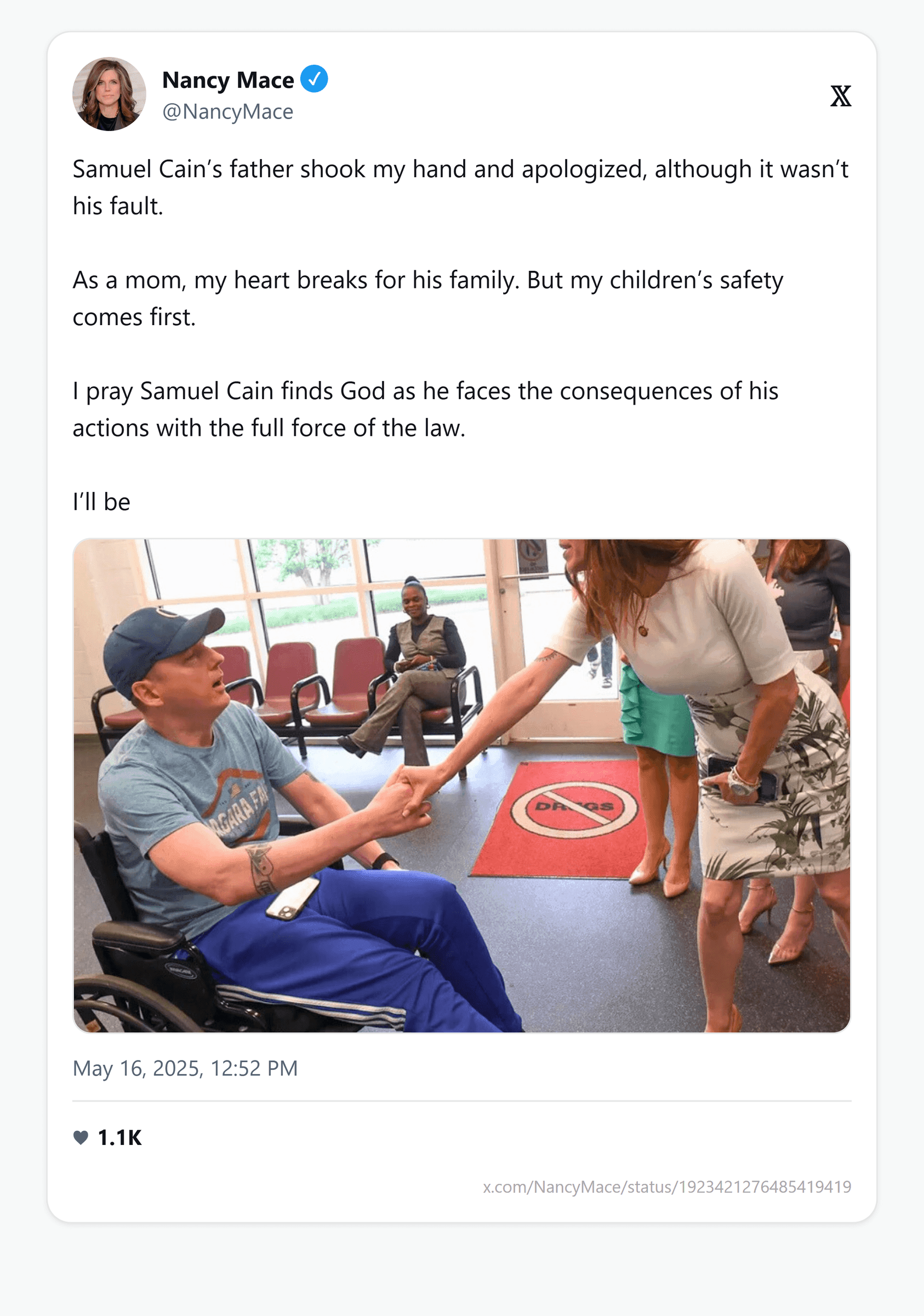 Mace on shaking Cain's father's hand