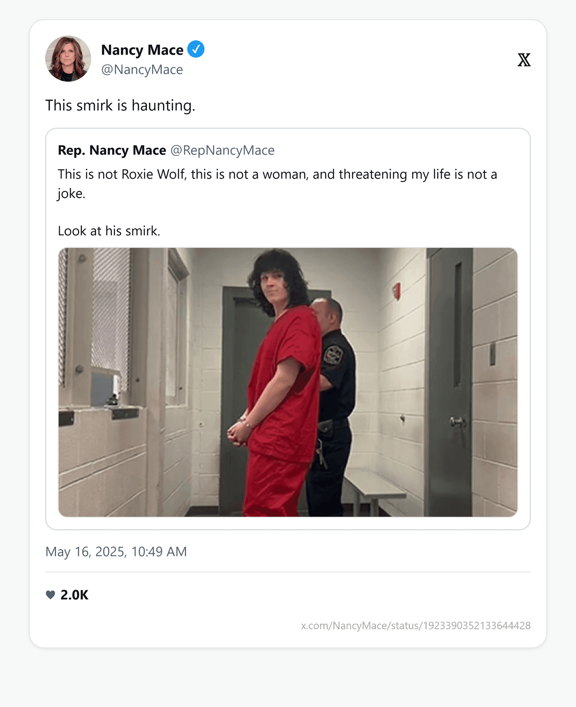 Mace quote-tweets the jail photo