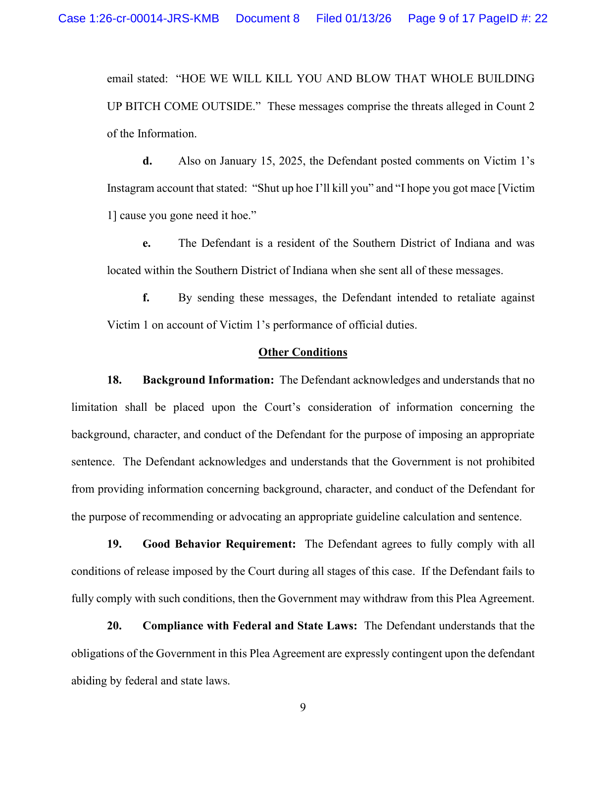 Page 9 of the plea agreement, with the verbatim messages