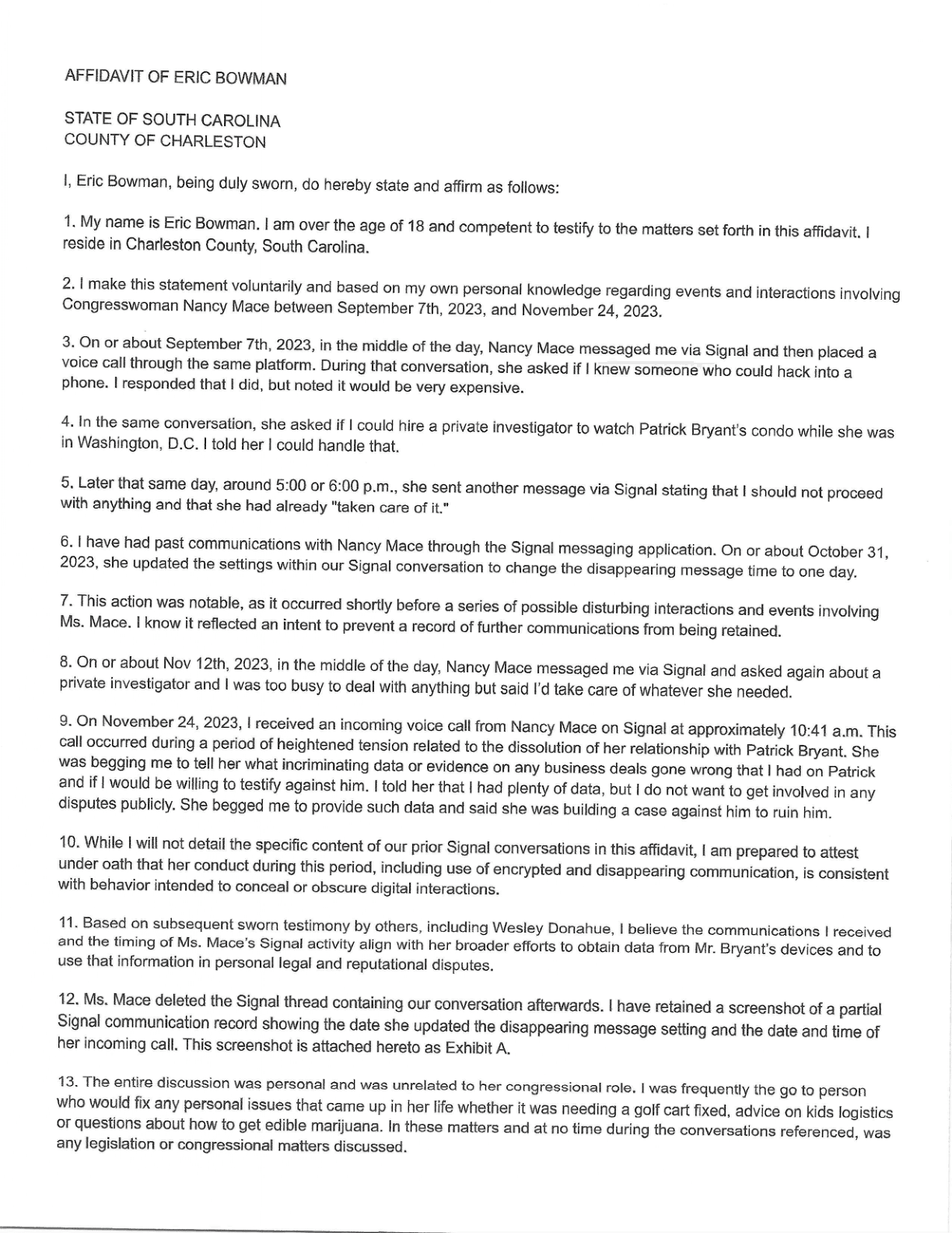 Affidavit of Eric Bowman, page 1: the September 7, 2023 “hack into a phone” request (¶3), the same-day “taken care of it” message (¶5), and the disappearing-message change (¶6).