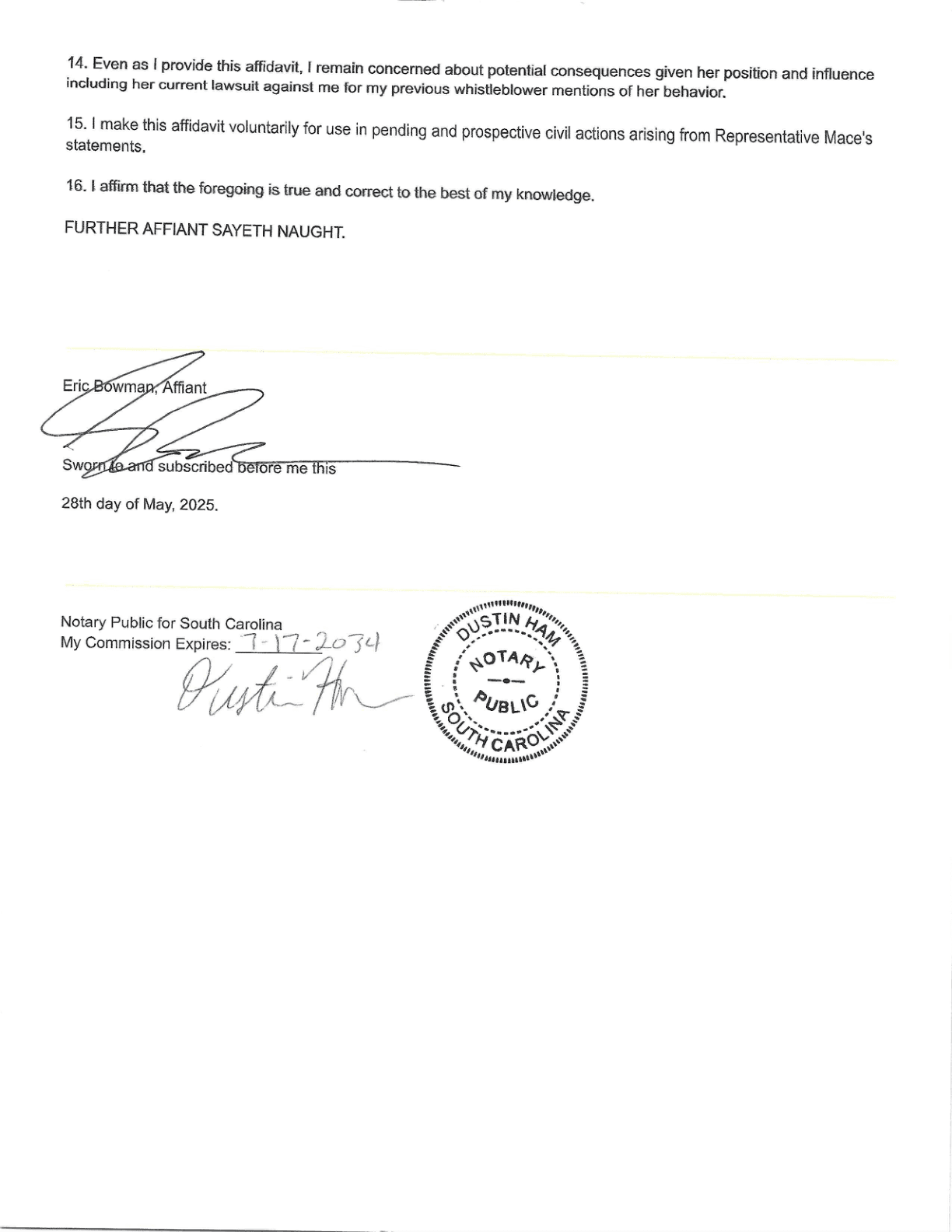 Page 2: Bowman’s attestation that he swears voluntarily, his signature, and the South Carolina notary block.