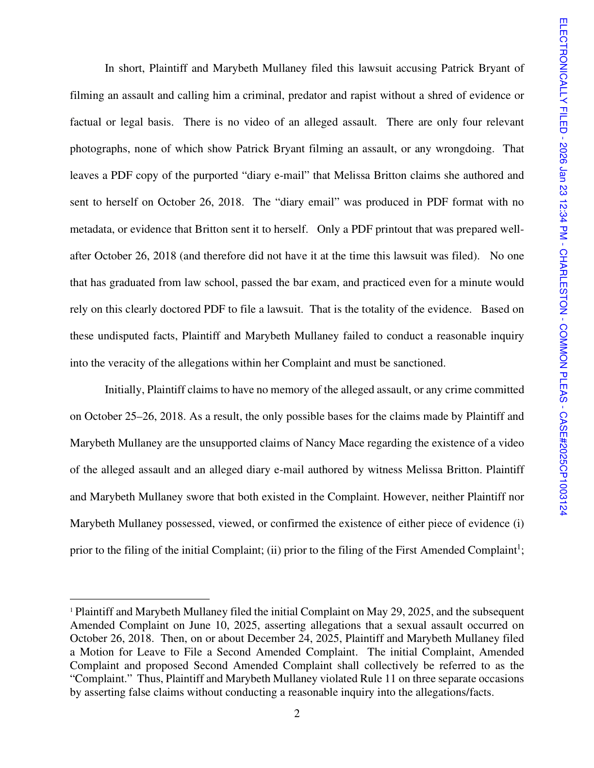 Motion for Sanctions page 2, the diary email described as a doctored PDF with no metadata