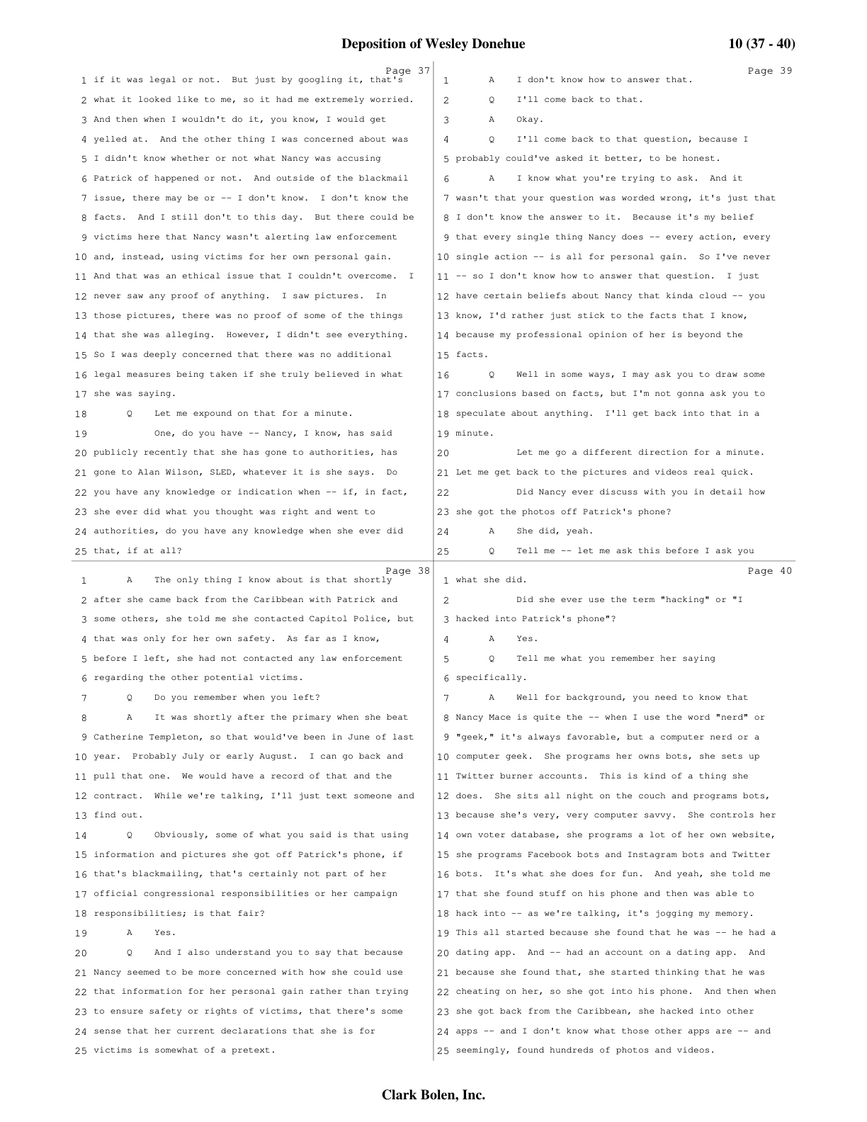 Deposition transcript, page 40: Donehue confirms Mace used the term “hack” and describes her getting into Bryant’s phone and other apps. (Condensed transcript sheet; click to enlarge.)