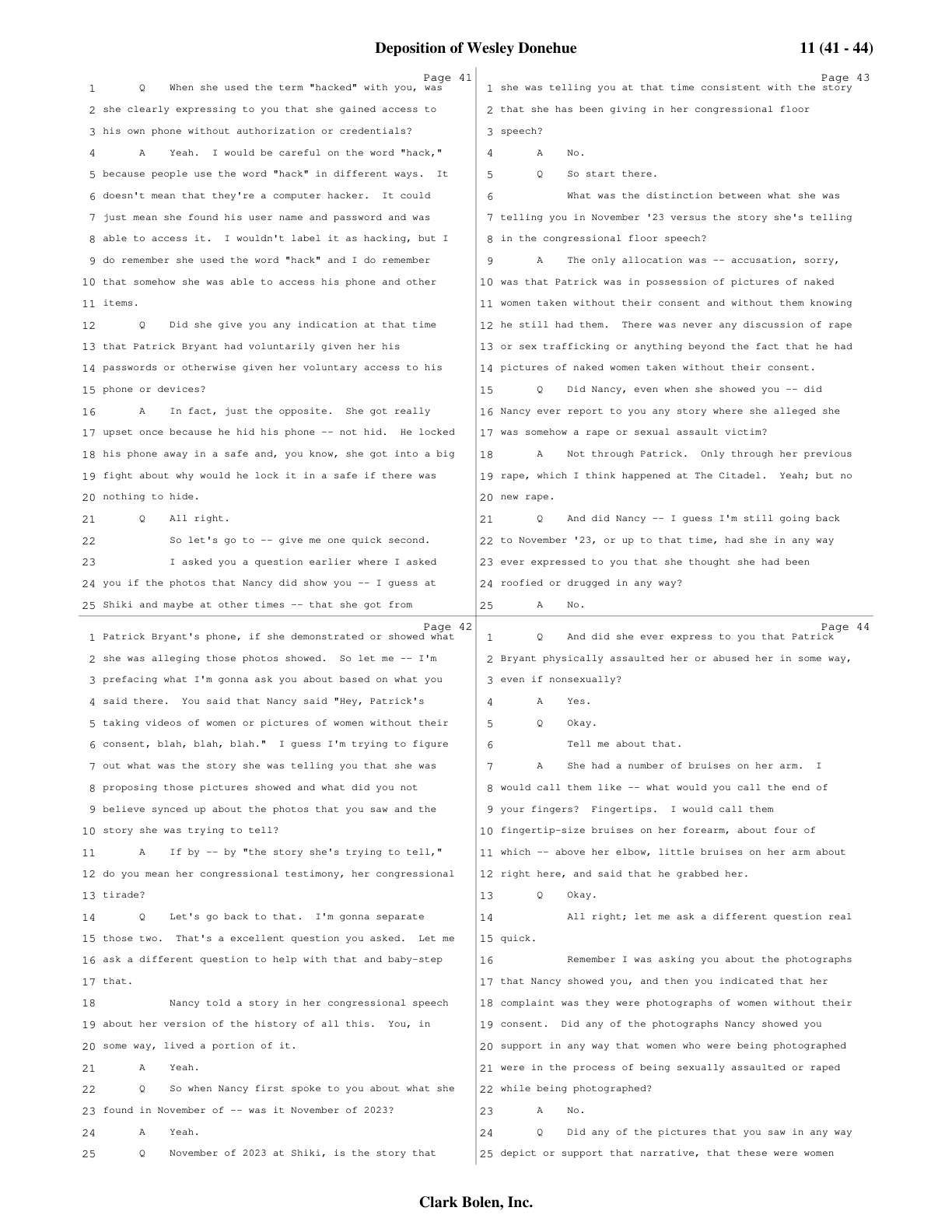Page 41: asked whether Bryant gave her voluntary access, Donehue answers “just the opposite,” and recounts that Bryant “locked his phone away in a safe.” (Click to enlarge.)