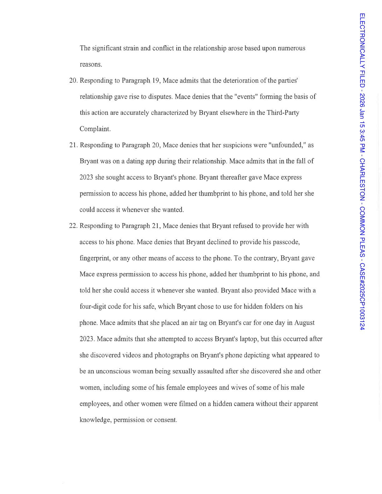 Amended Answer, p. 5, admitting she sought access to the phone, placed an air tag on the car, and attempted to access the laptop.