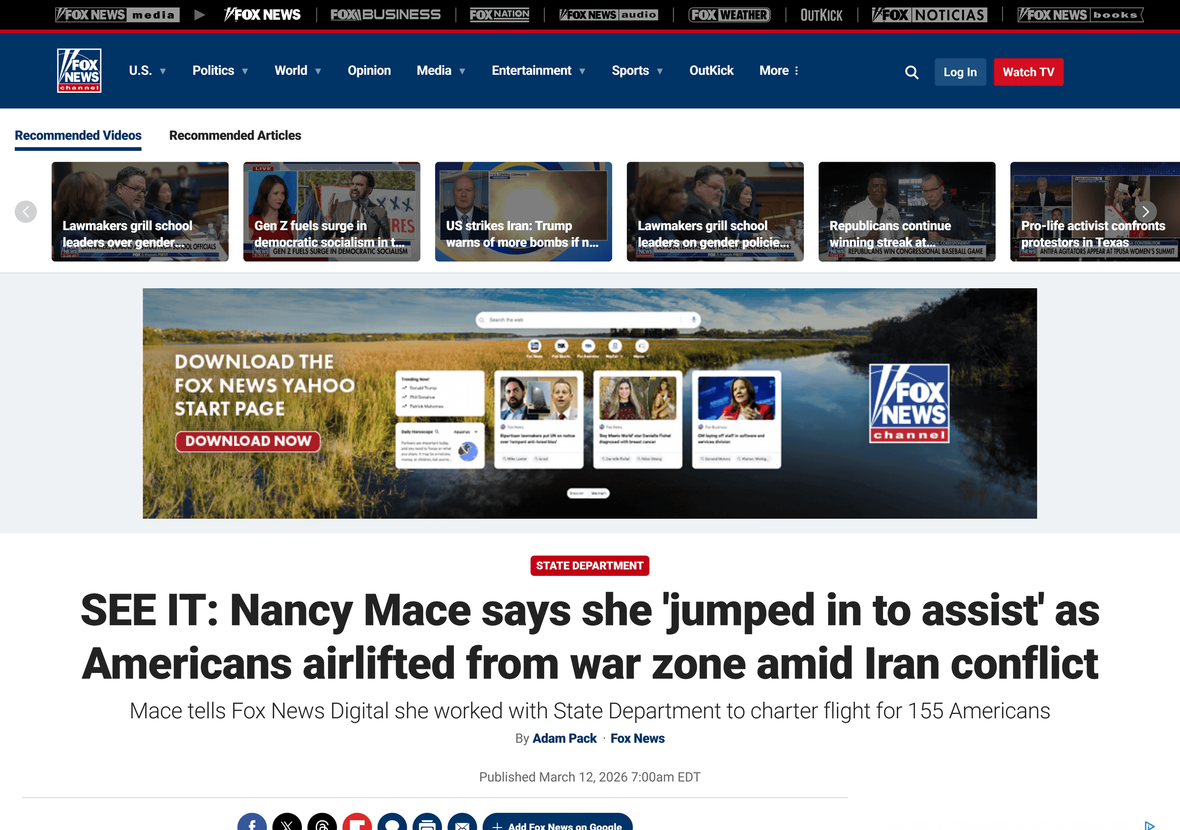 Fox News coverage of Mace's announcement that she helped airlift 155 Americans from Israel, March 2026.