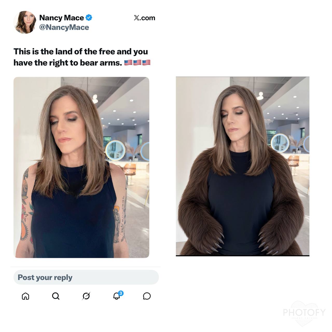 Screenshot-style meme showing Nancy Mace's text about the right to bear arms, paired with her bare arms and an edited version with literal bear arms.