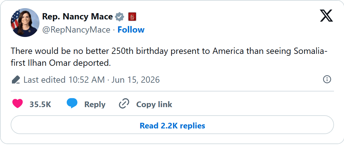 Screenshot of Nancy Mace's post on X, June 15, 2026