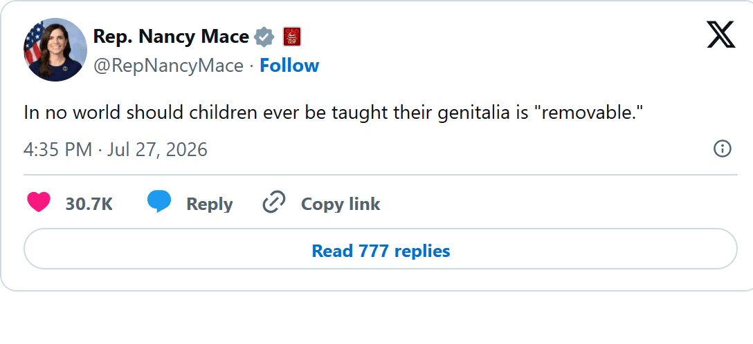 Screenshot of Nancy Mace's post on X, July 27, 2026