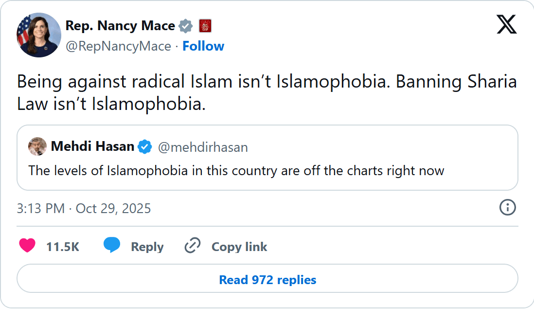 Screenshot of Nancy Mace's post on X, Oct. 29, 2025