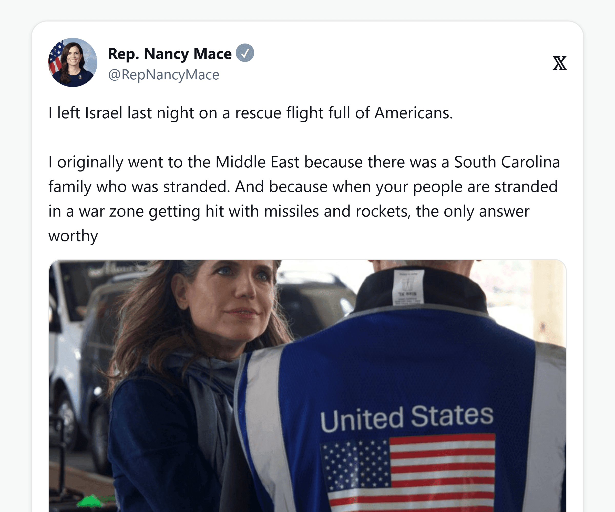 Mace's X post announcing the evacuation flight