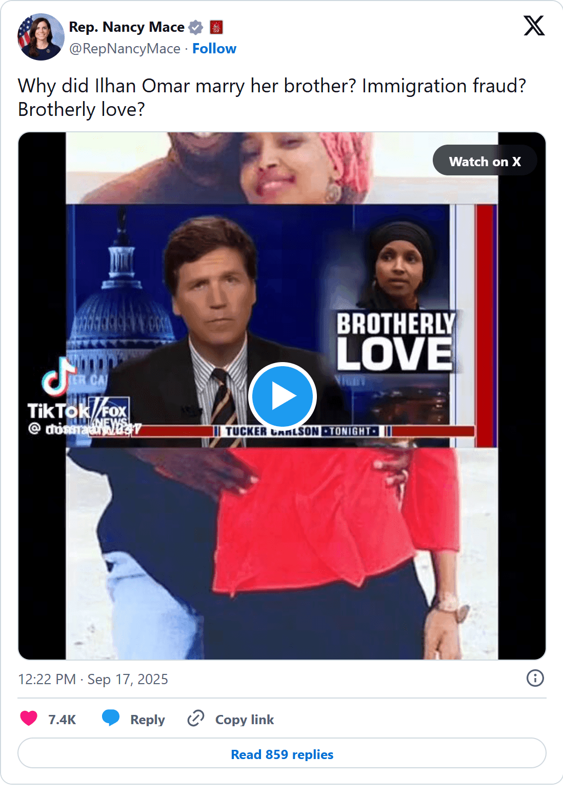 Screenshot of Nancy Mace's post on X, Sept. 17, 2025
