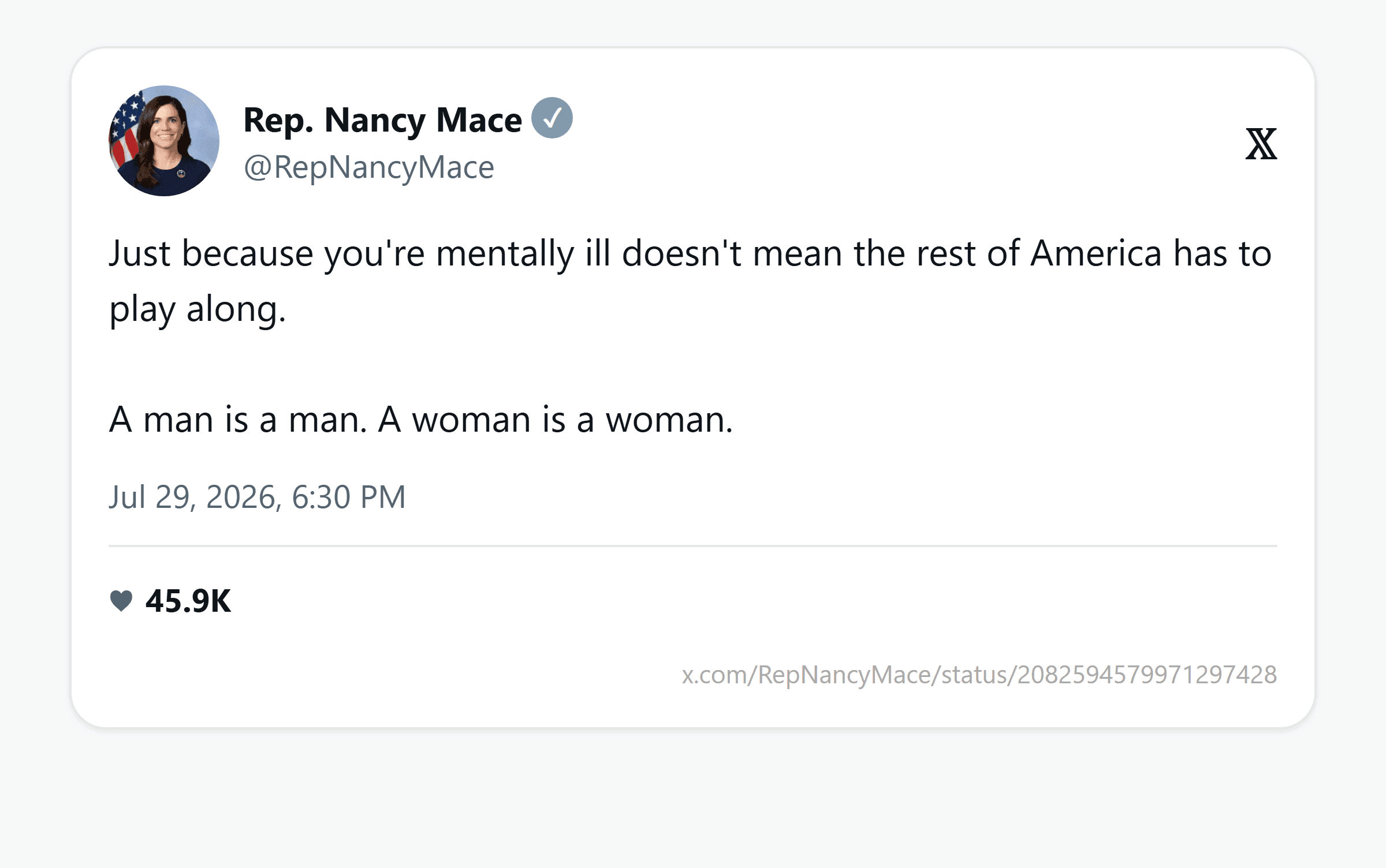Screenshot of Nancy Mace's post on X, July 29, 2026