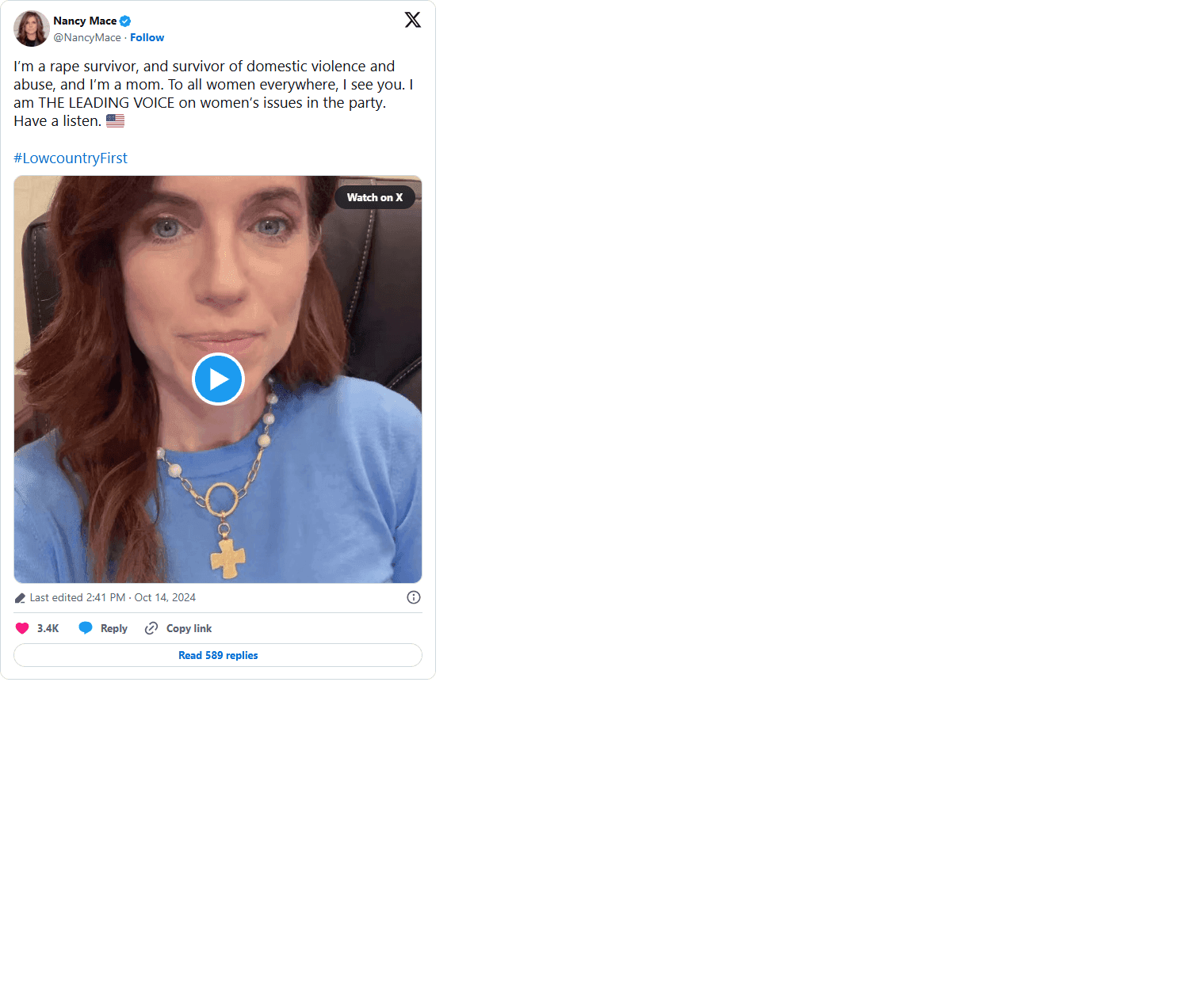 Nancy Mace tweet (@NancyMace), October 14, 2024, on women's issues