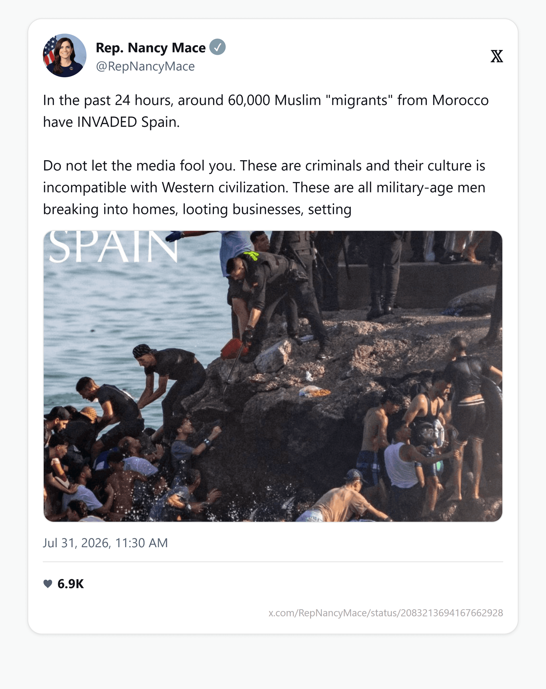Screenshot of Nancy Mace's post on X, July 31, 2026