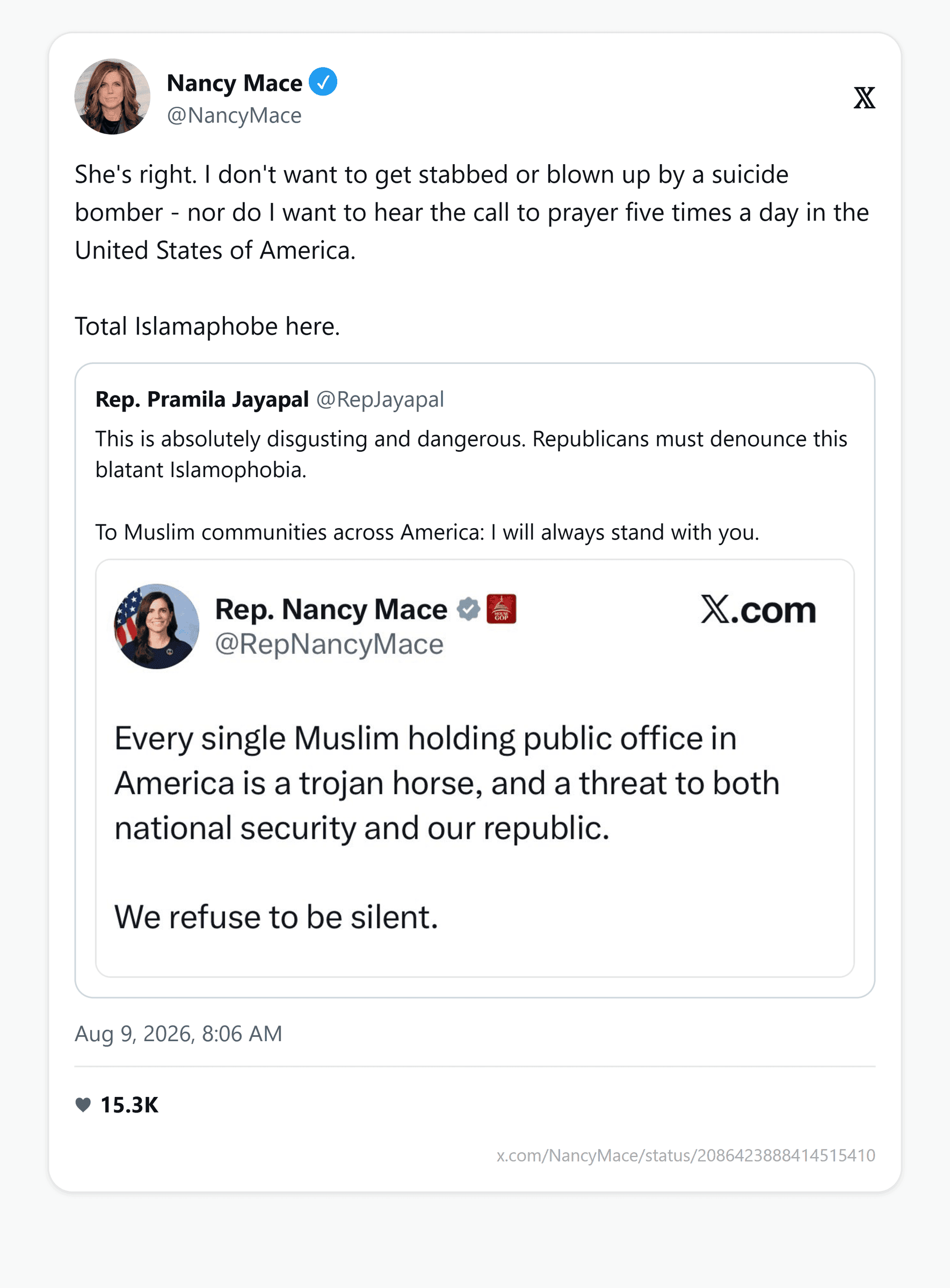 Screenshot of Nancy Mace's post on X, Aug. 9, 2026