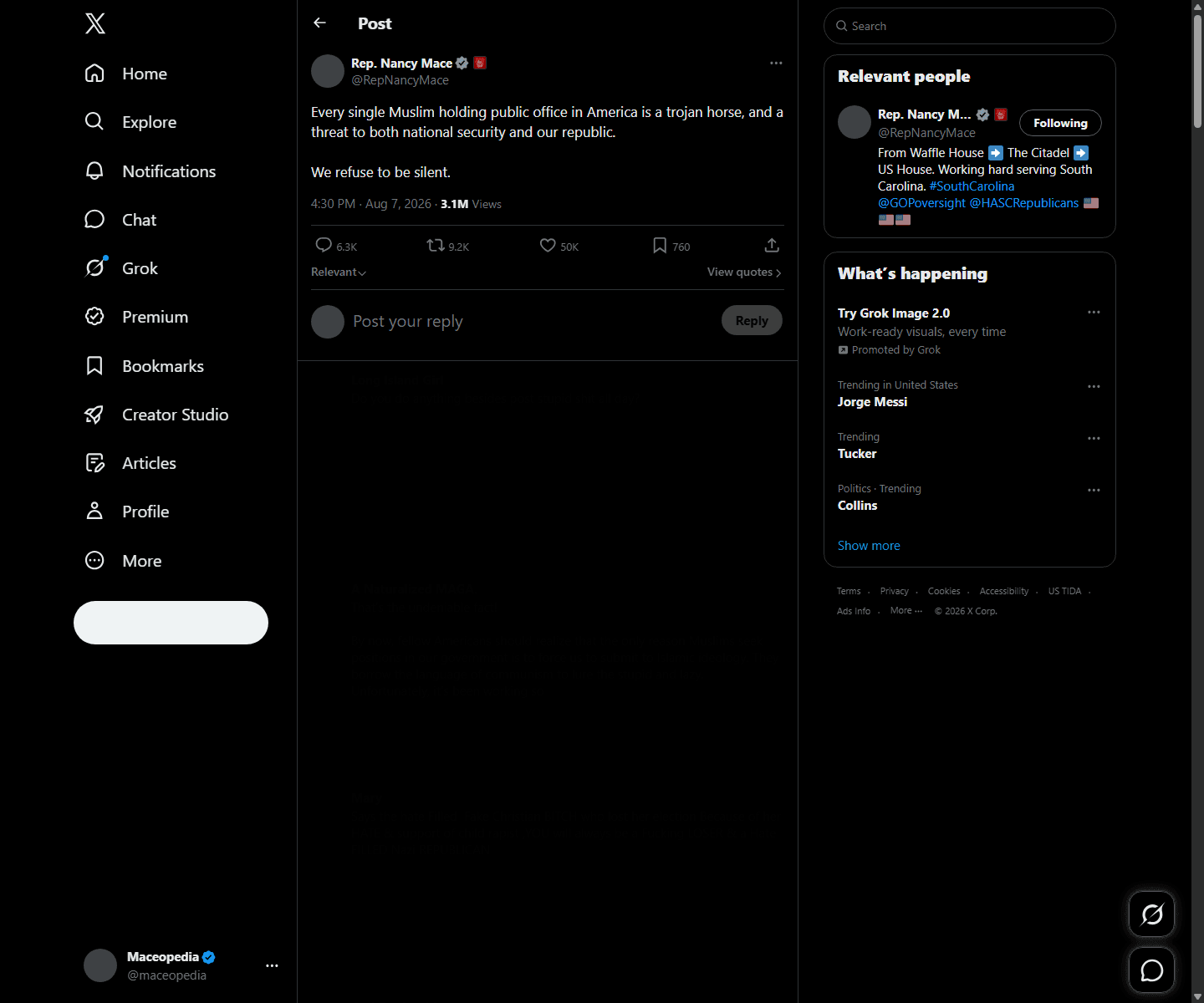 Screenshot of Nancy Mace's post on X, Aug. 7, 2026