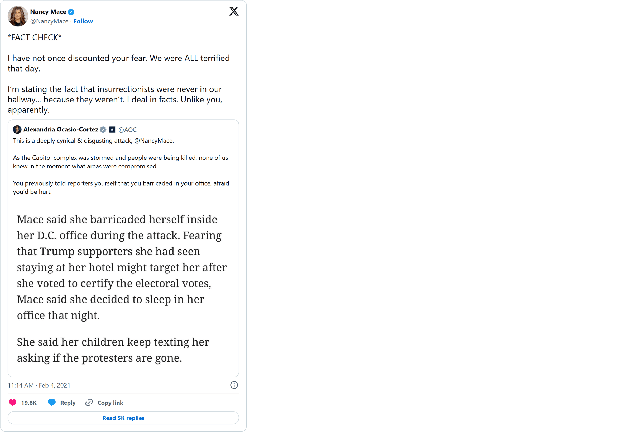 Mace tells AOC 'I deal in facts. Unlike you, apparently.', then fundraises off the feud: image 2