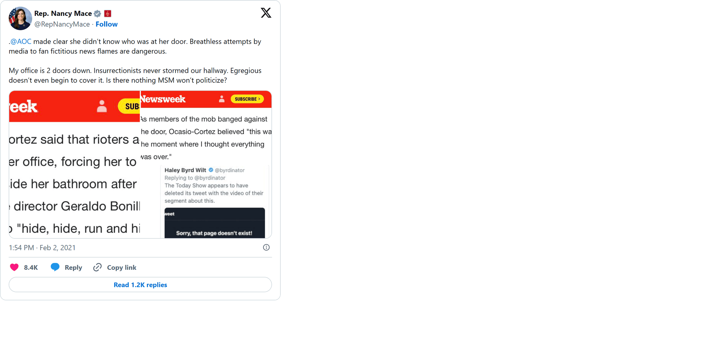 Mace tweets 'Insurrectionists never stormed our hallway' to undercut AOC's Capitol trauma account: image 2
