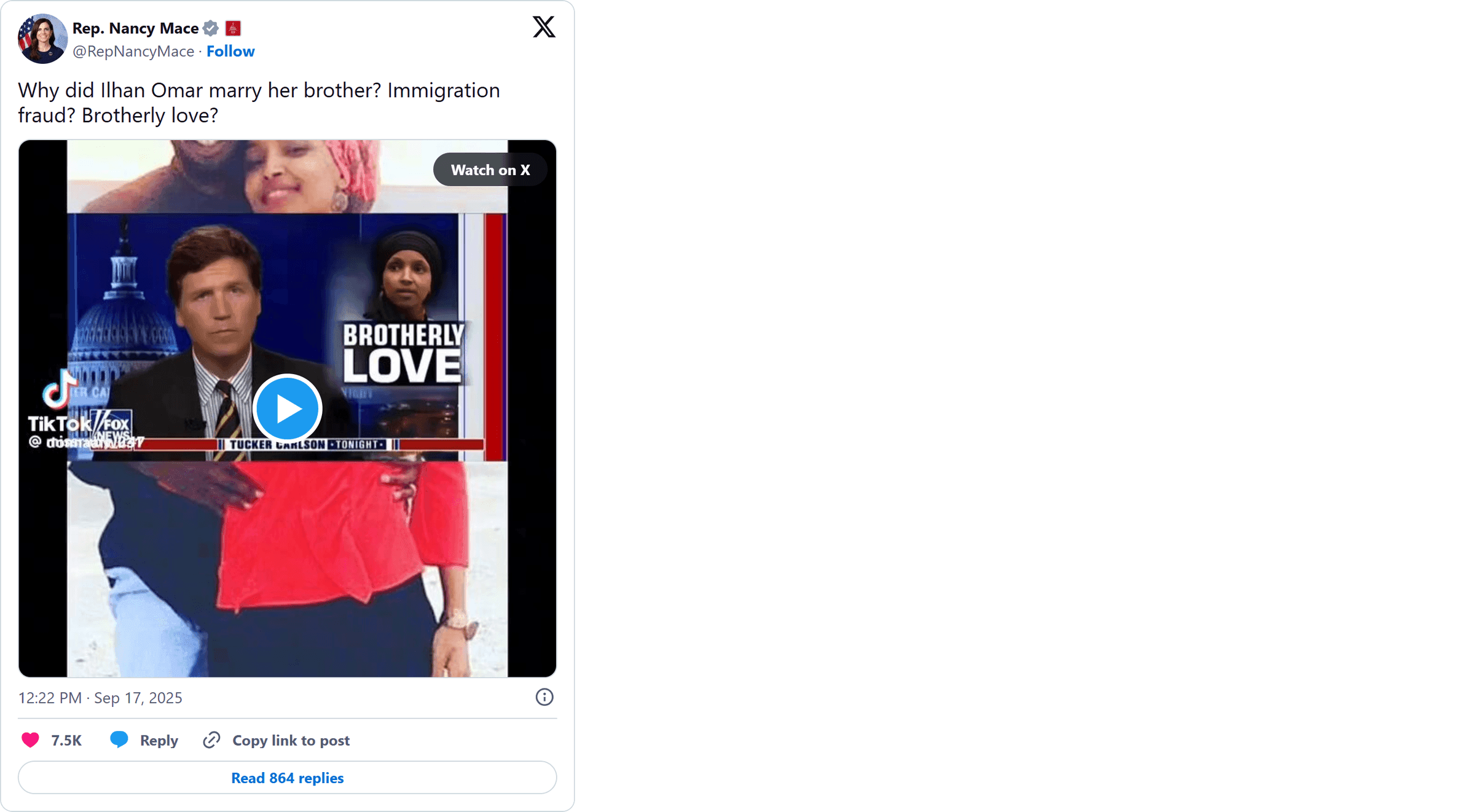 Mace tweets: 'Why did Ilhan Omar marry her brother? Immigration fraud? Brotherly love?': image 2